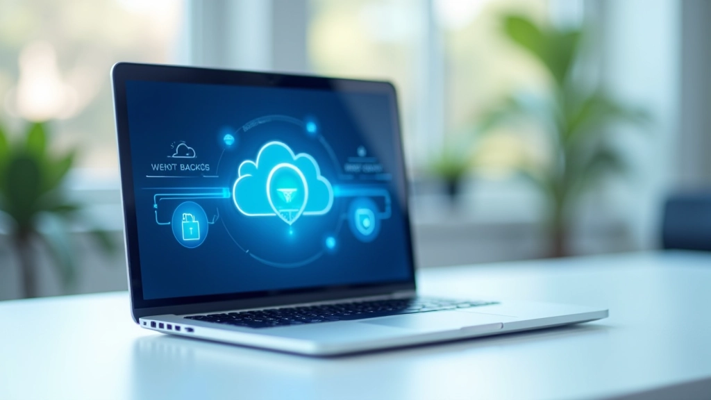 Computador portátil com ícones de nuvem e proteção em torno, representando backup e armazenamento seguro